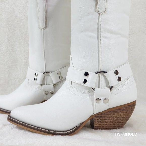 Western Rider Cut Harness White Leatherette Cowboy Pull On Country Cowgirl Boots - Picture 8 of 11